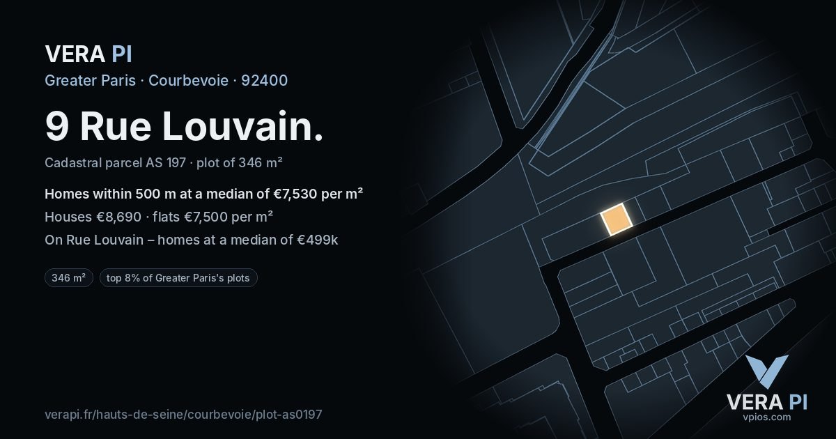 9 Rue Louvain, Courbevoie at night – the plot lit, the parcels around coloured by the prices near them