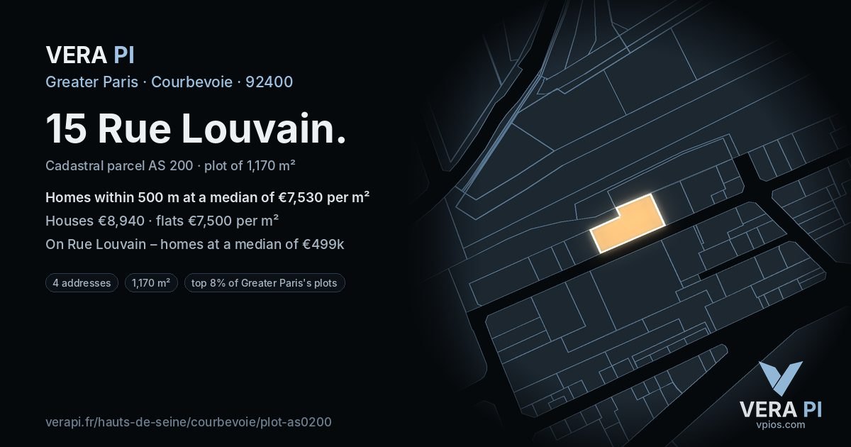 15 Rue Louvain, Courbevoie at night – the plot lit, the parcels around coloured by the prices near them