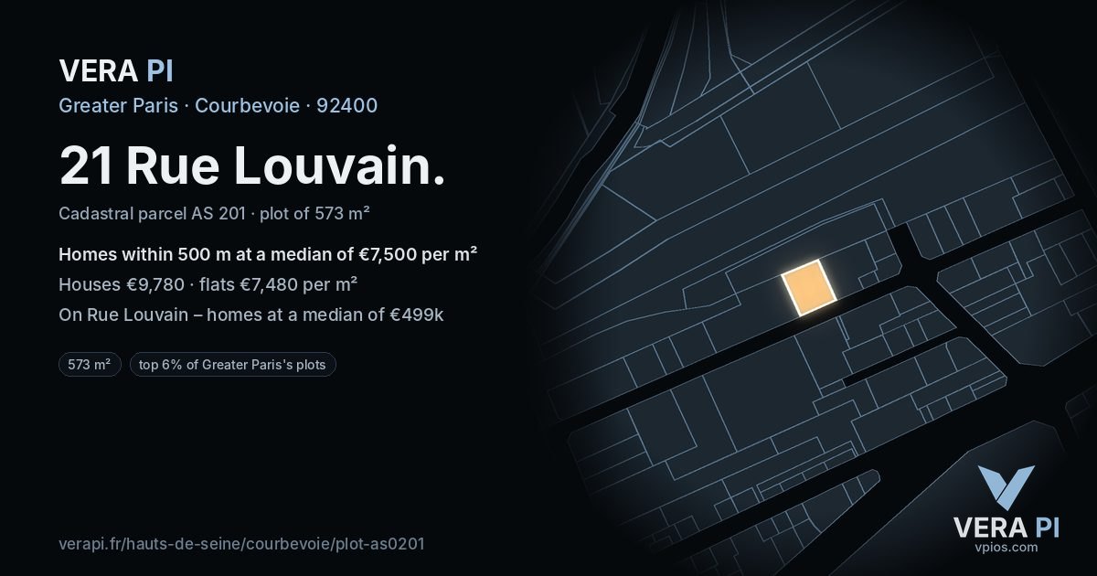 21 Rue Louvain, Courbevoie at night – the plot lit, the parcels around coloured by the prices near them