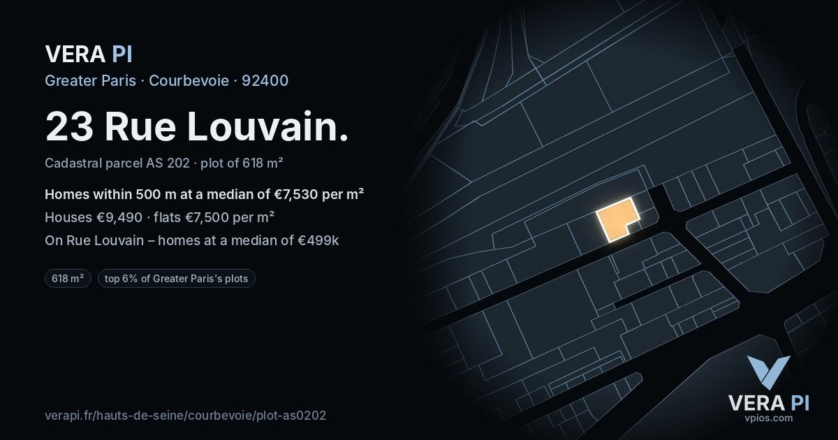 23 Rue Louvain, Courbevoie at night – the plot lit, the parcels around coloured by the prices near them