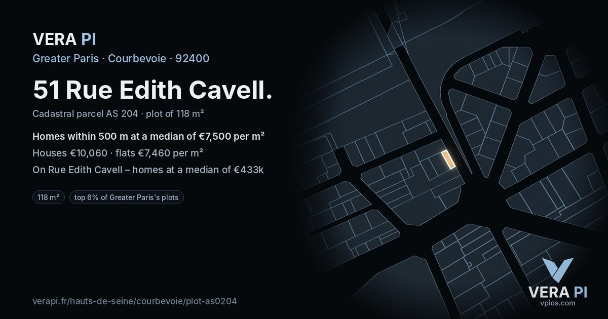 51 Rue Edith Cavell, Courbevoie at night – the plot lit, the parcels around coloured by the prices near them