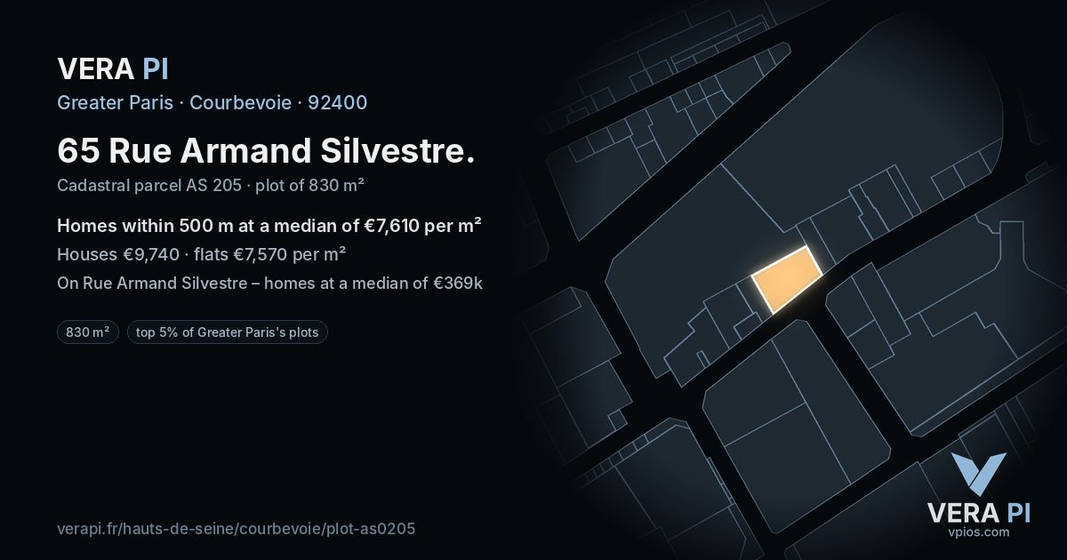 65 Rue Armand Silvestre, Courbevoie at night – the plot lit, the parcels around coloured by the prices near them