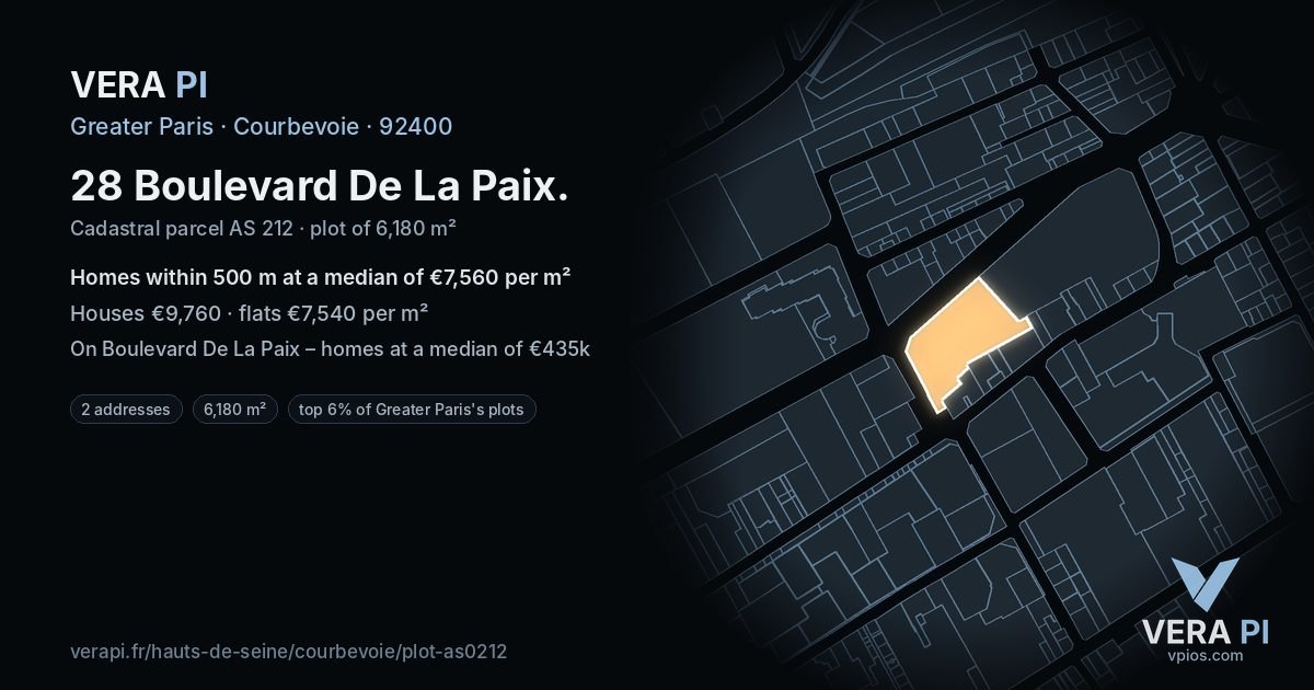28 Boulevard De La Paix, Courbevoie at night – the plot lit, the parcels around coloured by the prices near them