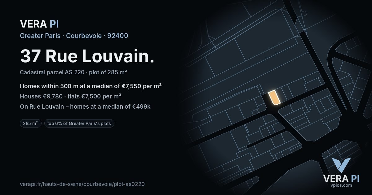 37 Rue Louvain, Courbevoie at night – the plot lit, the parcels around coloured by the prices near them