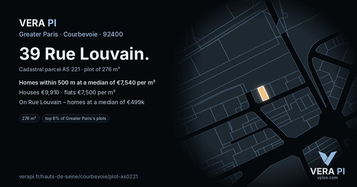 39 Rue Louvain, Courbevoie at night – the plot lit, the parcels around coloured by the prices near them