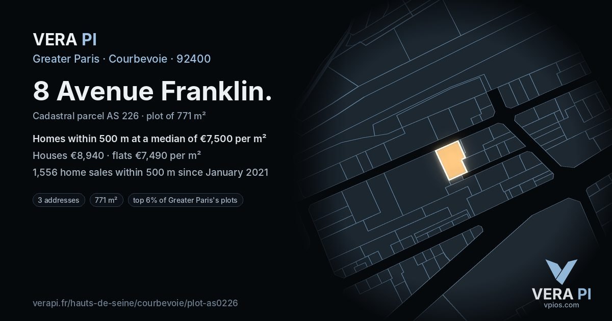 8 Avenue Franklin, Courbevoie at night – the plot lit, the parcels around coloured by the prices near them