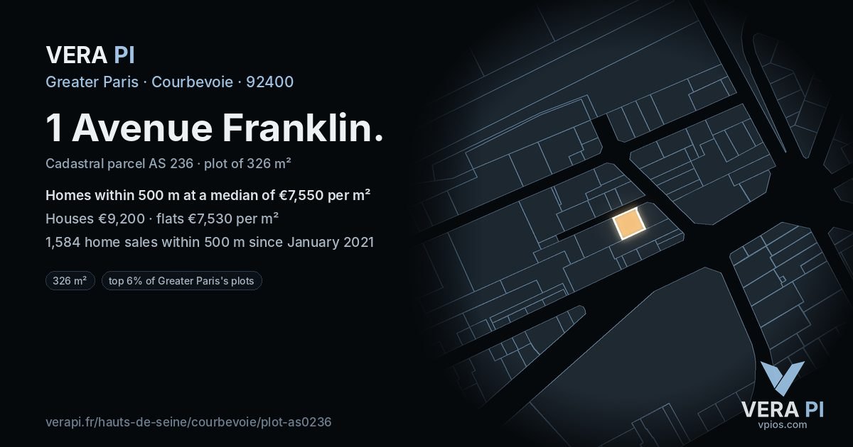 1 Avenue Franklin, Courbevoie at night – the plot lit, the parcels around coloured by the prices near them