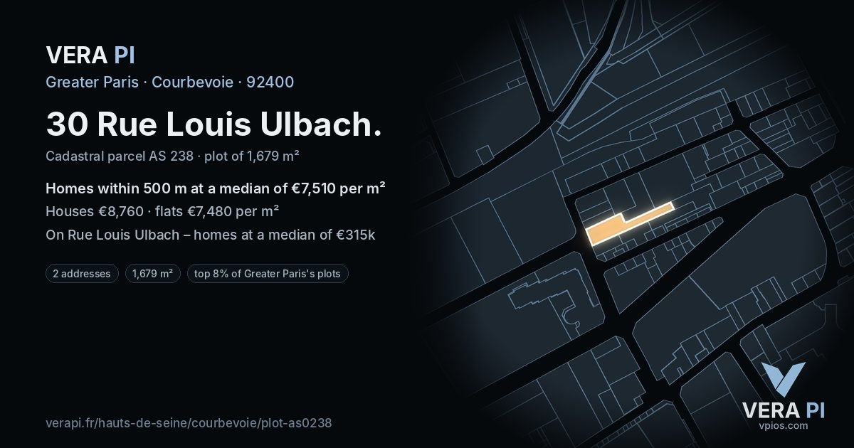 30 Rue Louis Ulbach, Courbevoie at night – the plot lit, the parcels around coloured by the prices near them