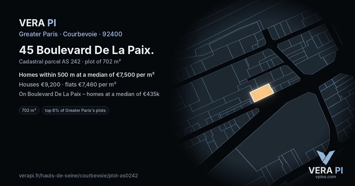 45 Boulevard De La Paix, Courbevoie at night – the plot lit, the parcels around coloured by the prices near them