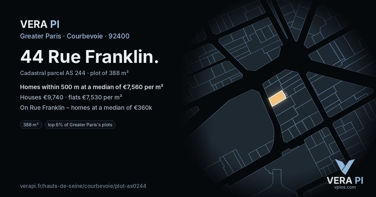 44 Rue Franklin, Courbevoie at night – the plot lit, the parcels around coloured by the prices near them