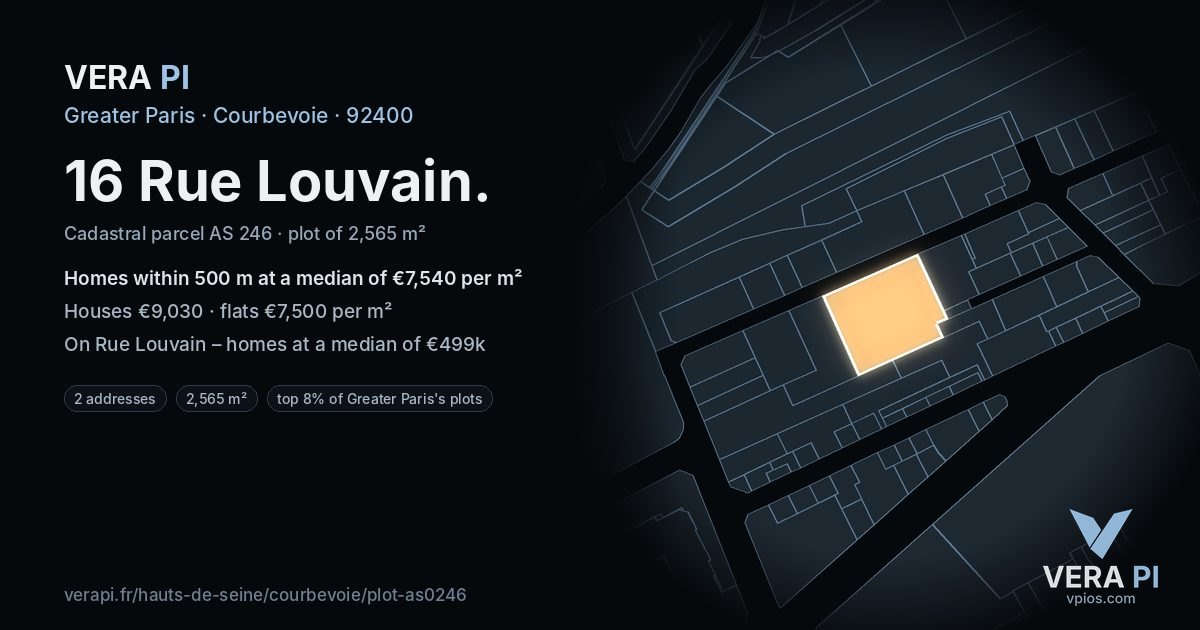 16 Rue Louvain, Courbevoie at night – the plot lit, the parcels around coloured by the prices near them
