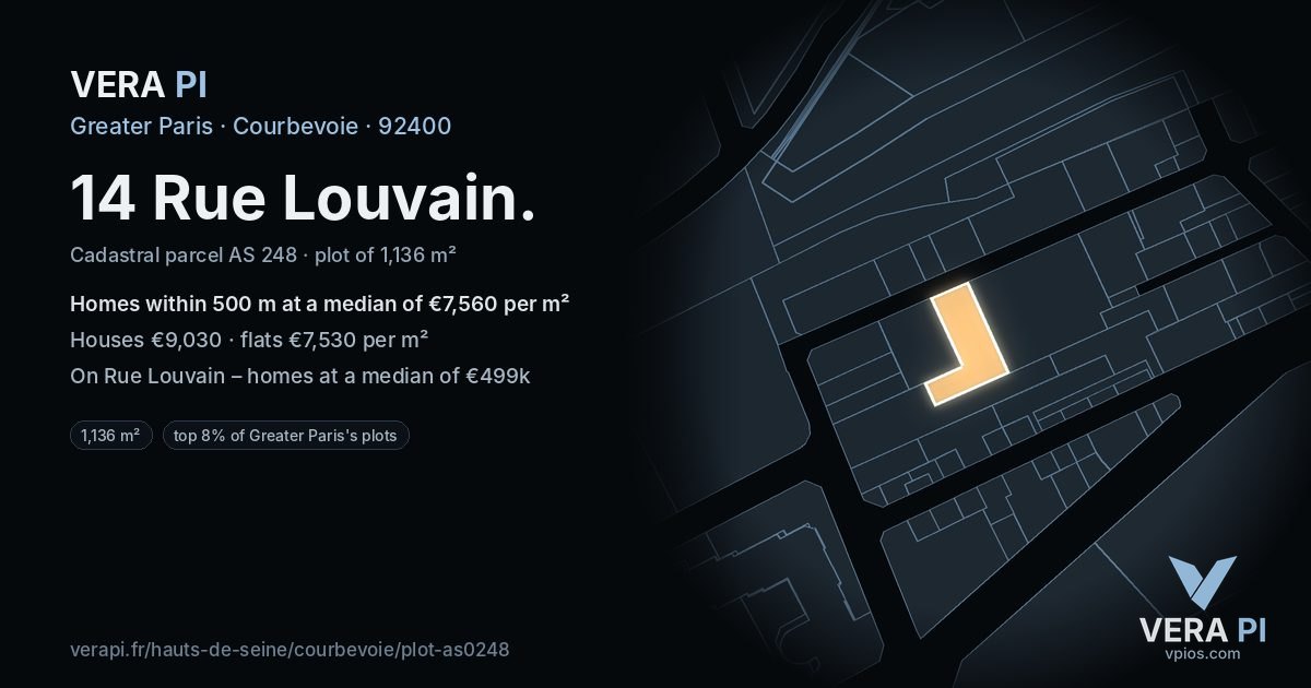 14 Rue Louvain, Courbevoie at night – the plot lit, the parcels around coloured by the prices near them