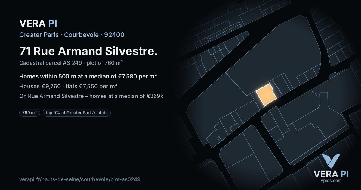 71 Rue Armand Silvestre, Courbevoie at night – the plot lit, the parcels around coloured by the prices near them