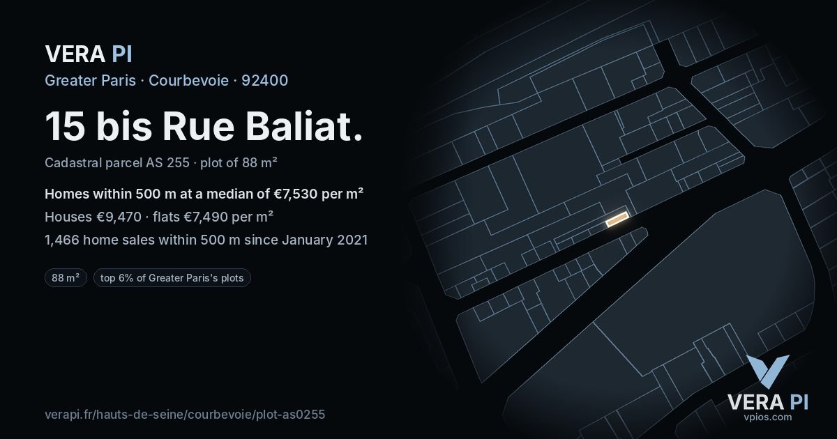 15 bis Rue Baliat, Courbevoie at night – the plot lit, the parcels around coloured by the prices near them