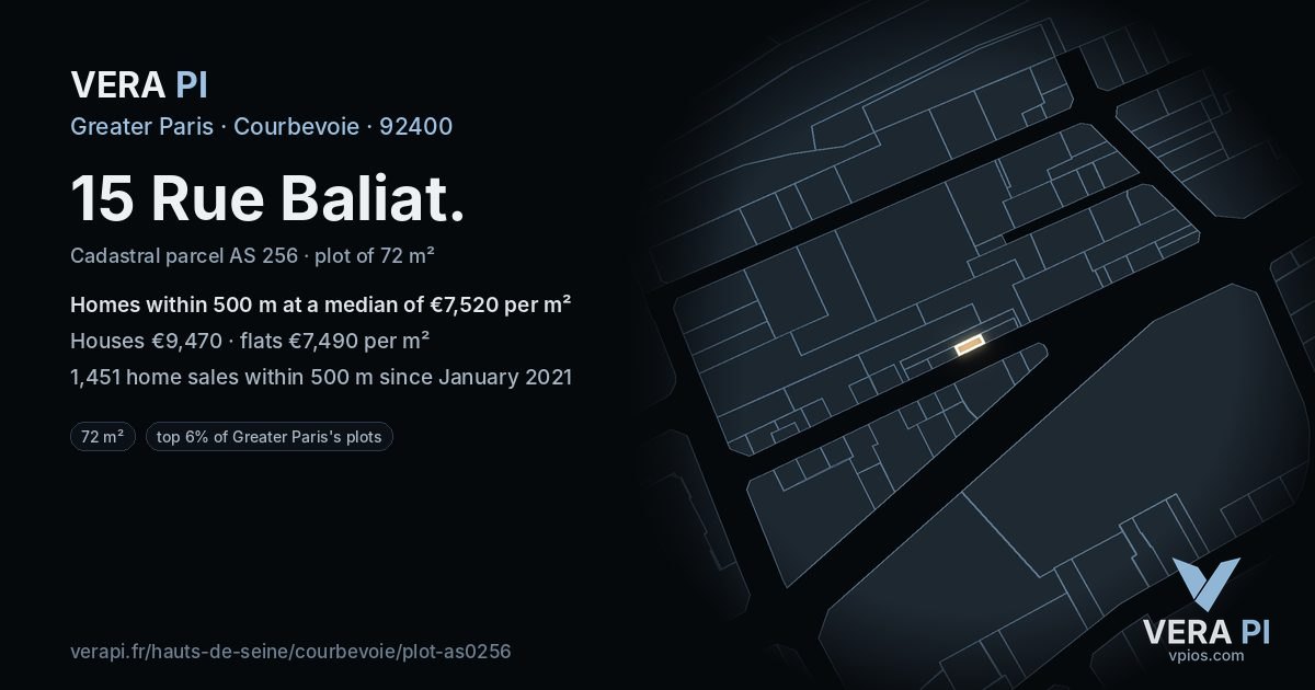 15 Rue Baliat, Courbevoie at night – the plot lit, the parcels around coloured by the prices near them