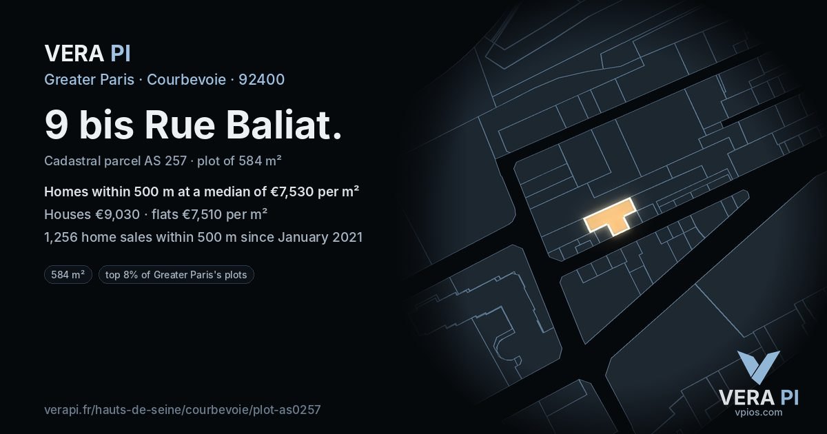 9 bis Rue Baliat, Courbevoie at night – the plot lit, the parcels around coloured by the prices near them