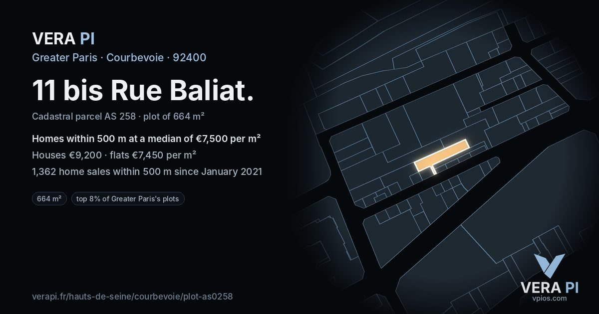 11 bis Rue Baliat, Courbevoie at night – the plot lit, the parcels around coloured by the prices near them