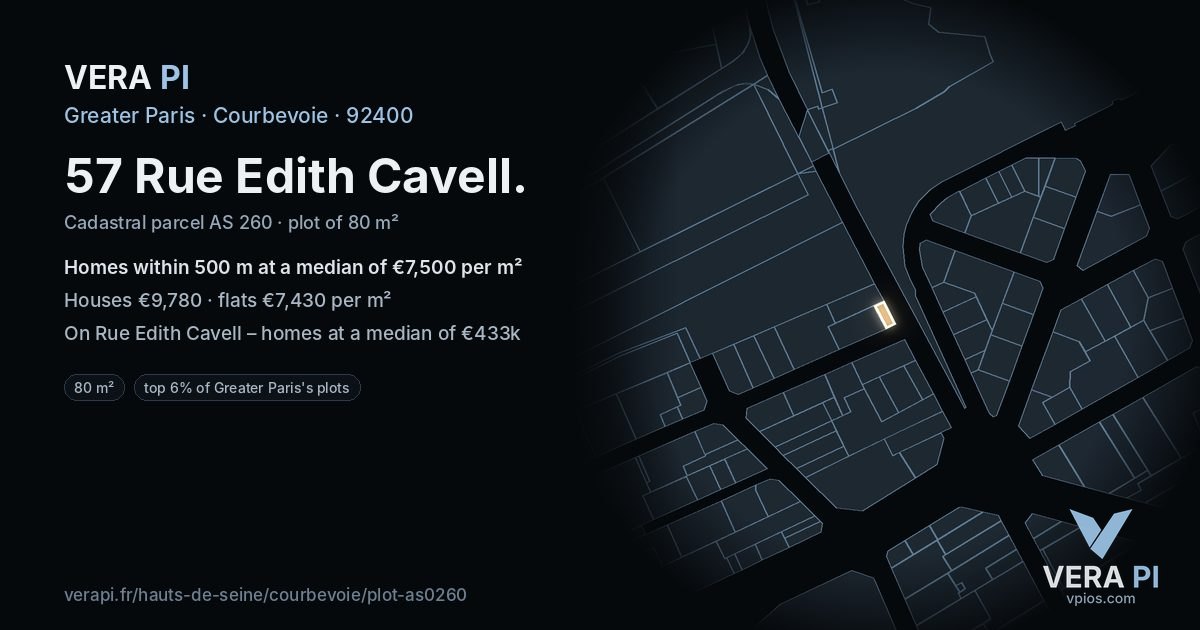 57 Rue Edith Cavell, Courbevoie at night – the plot lit, the parcels around coloured by the prices near them