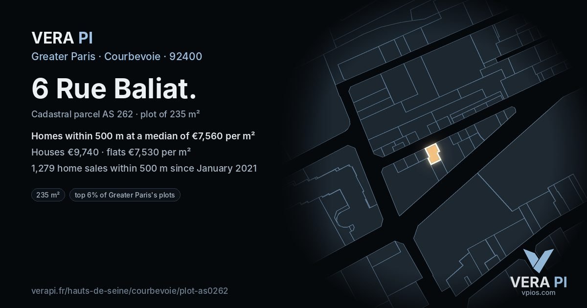 6 Rue Baliat, Courbevoie at night – the plot lit, the parcels around coloured by the prices near them