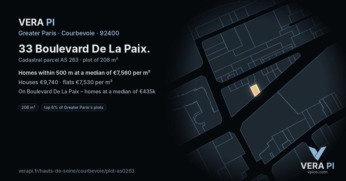 33 Boulevard De La Paix, Courbevoie at night – the plot lit, the parcels around coloured by the prices near them
