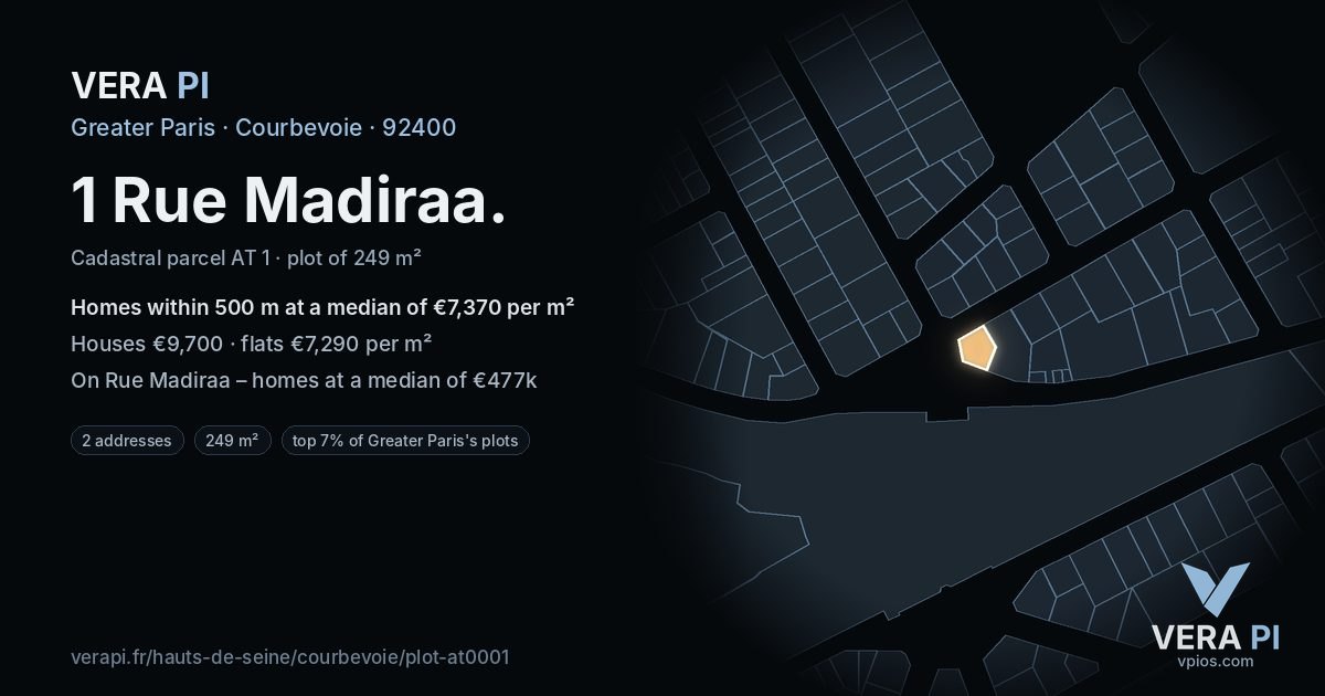1 Rue Madiraa, Courbevoie at night – the plot lit, the parcels around coloured by the prices near them