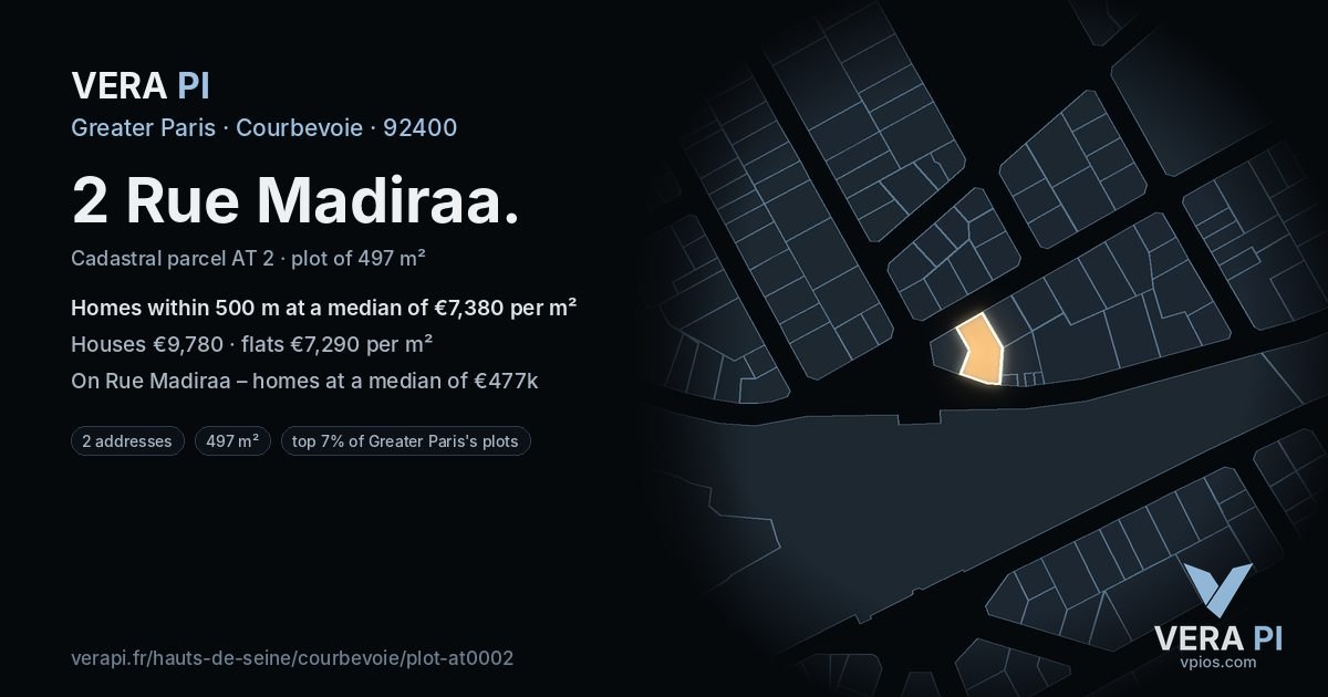 2 Rue Madiraa, Courbevoie at night – the plot lit, the parcels around coloured by the prices near them