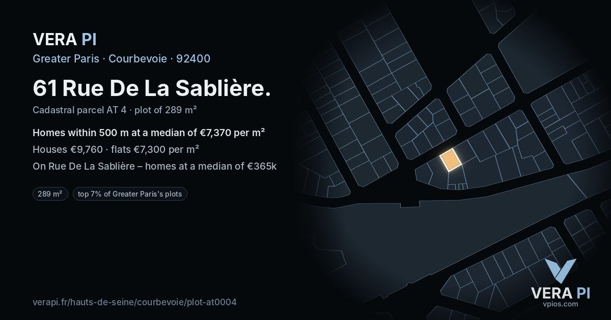 61 Rue De La Sablière, Courbevoie at night – the plot lit, the parcels around coloured by the prices near them