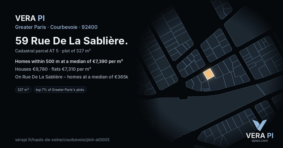 59 Rue De La Sablière, Courbevoie at night – the plot lit, the parcels around coloured by the prices near them
