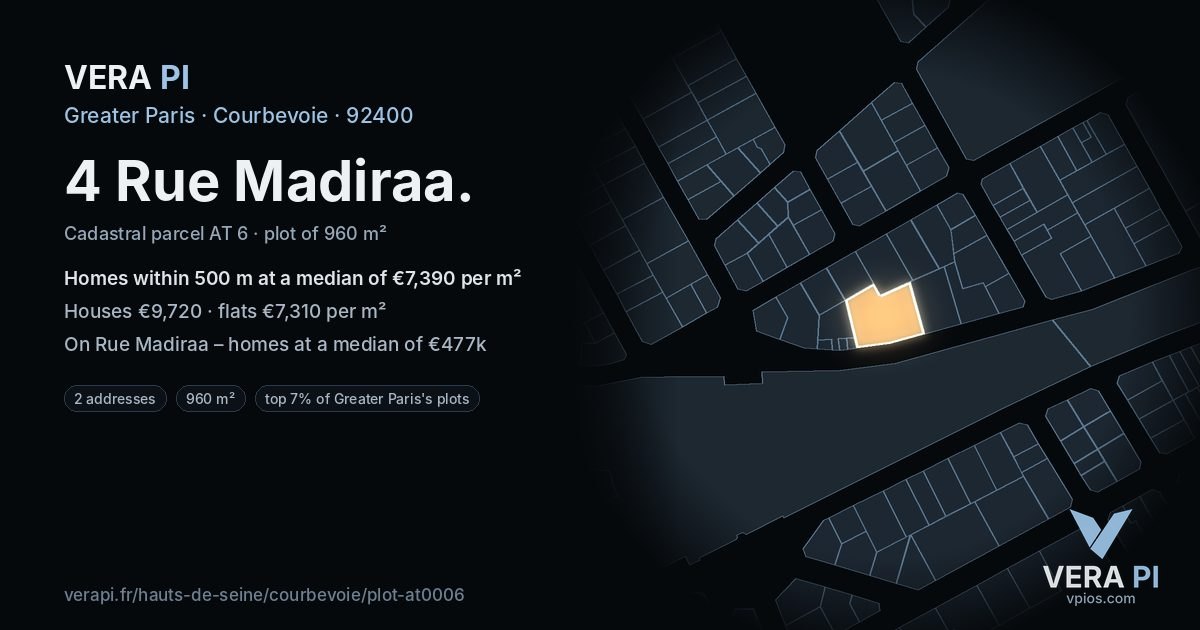 4 Rue Madiraa, Courbevoie at night – the plot lit, the parcels around coloured by the prices near them