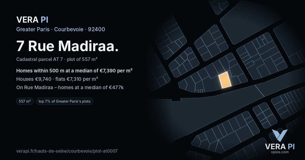 7 Rue Madiraa, Courbevoie at night – the plot lit, the parcels around coloured by the prices near them