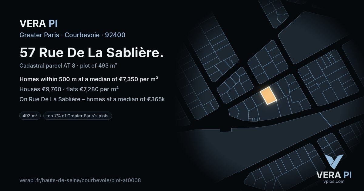 57 Rue De La Sablière, Courbevoie at night – the plot lit, the parcels around coloured by the prices near them