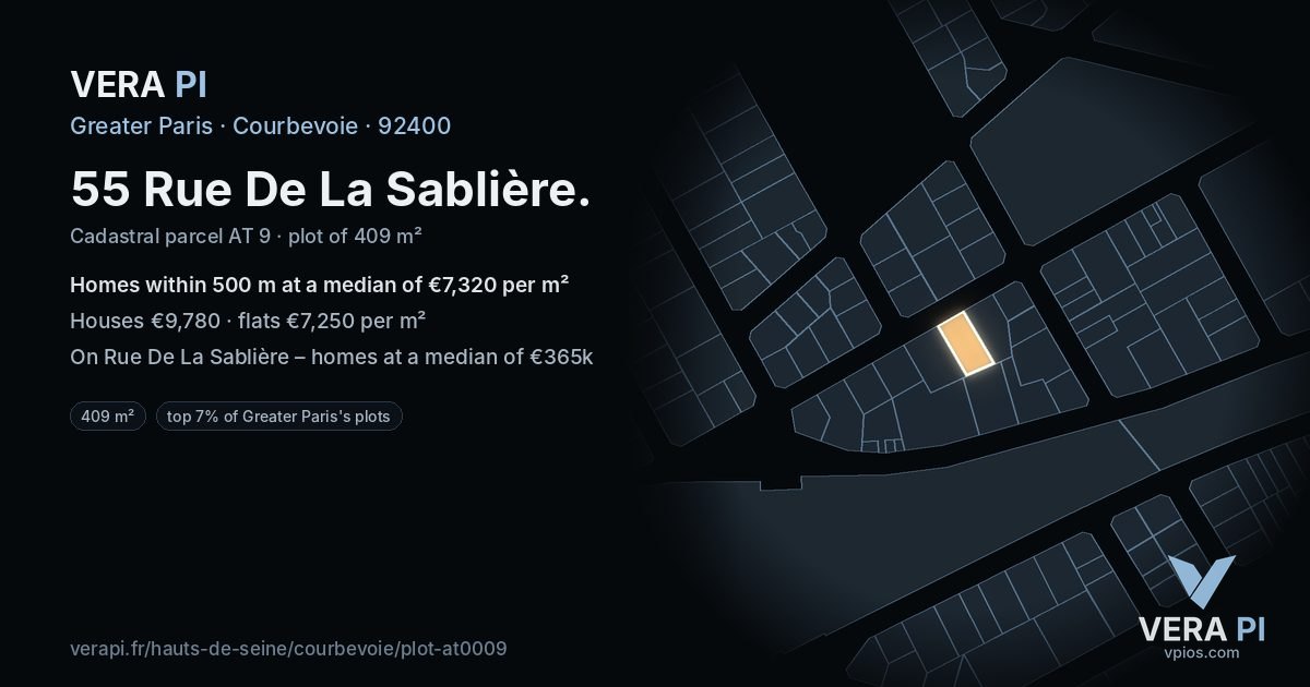 55 Rue De La Sablière, Courbevoie at night – the plot lit, the parcels around coloured by the prices near them