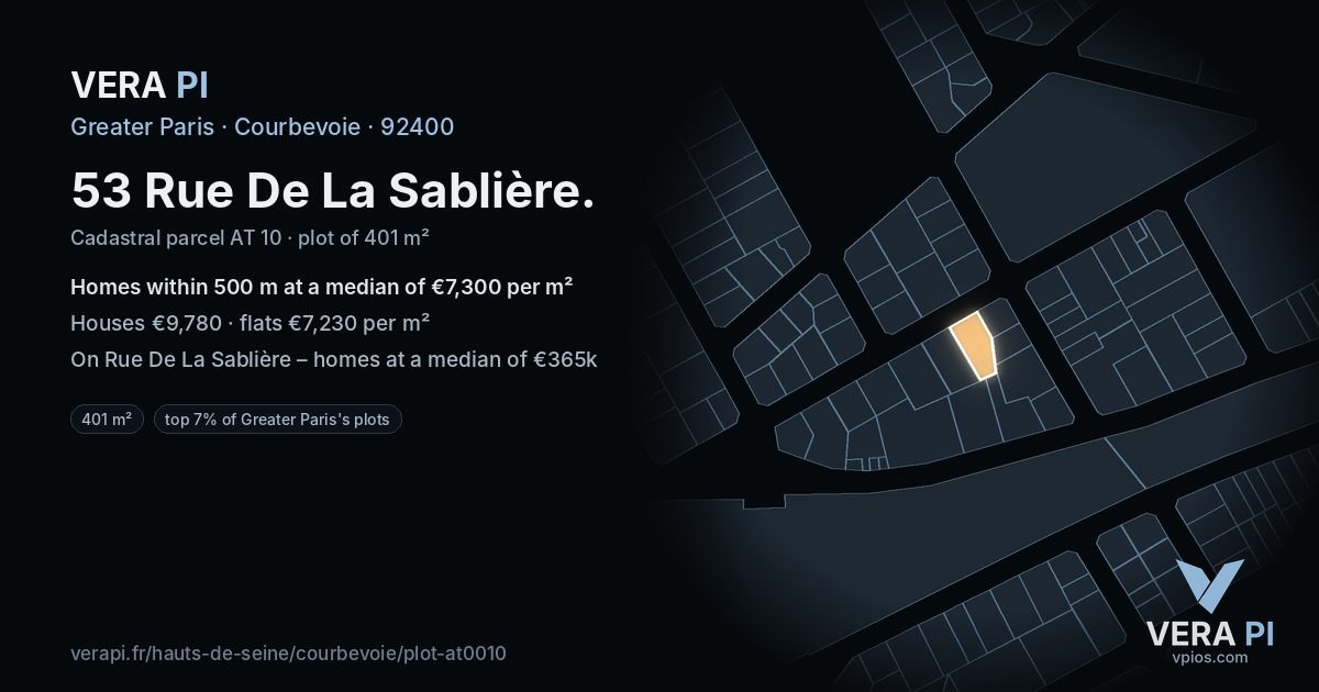 53 Rue De La Sablière, Courbevoie at night – the plot lit, the parcels around coloured by the prices near them