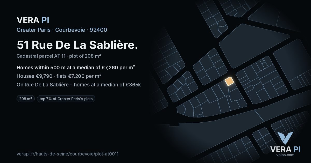 51 Rue De La Sablière, Courbevoie at night – the plot lit, the parcels around coloured by the prices near them