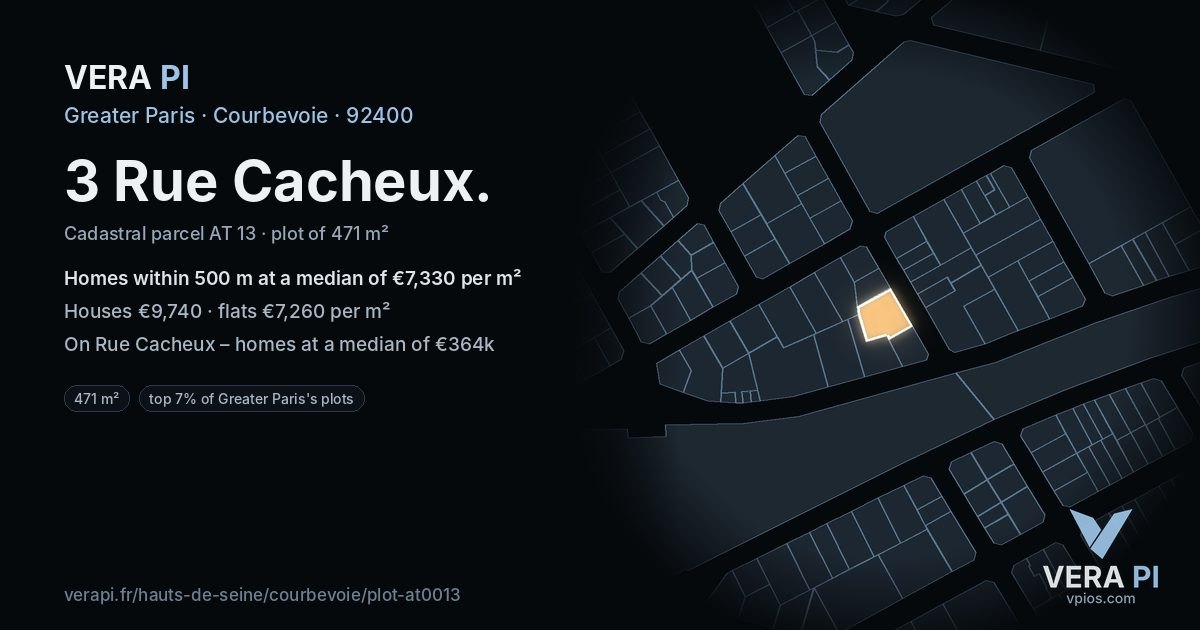 3 Rue Cacheux, Courbevoie at night – the plot lit, the parcels around coloured by the prices near them