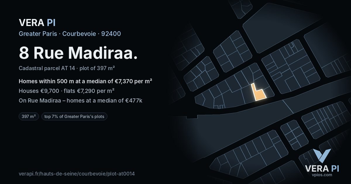 8 Rue Madiraa, Courbevoie at night – the plot lit, the parcels around coloured by the prices near them