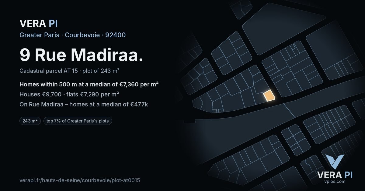 9 Rue Madiraa, Courbevoie at night – the plot lit, the parcels around coloured by the prices near them