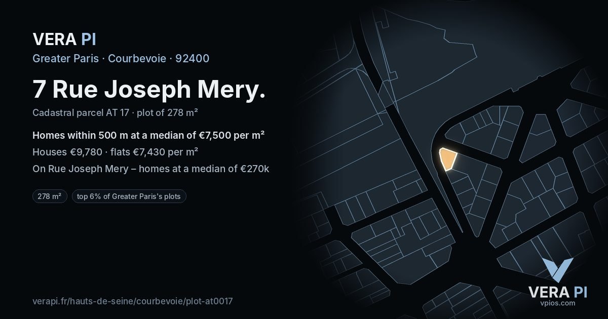 7 Rue Joseph Mery, Courbevoie at night – the plot lit, the parcels around coloured by the prices near them