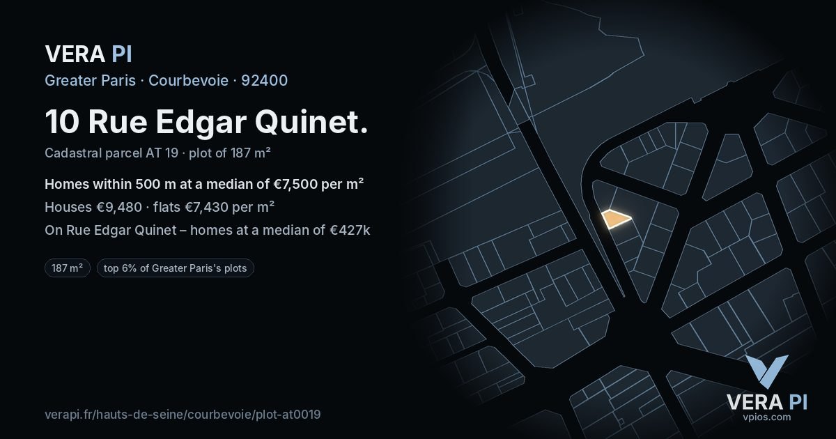 10 Rue Edgar Quinet, Courbevoie at night – the plot lit, the parcels around coloured by the prices near them