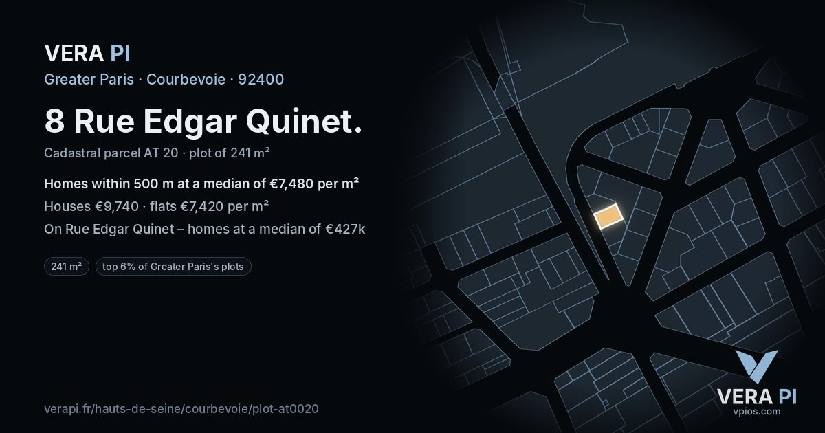 8 Rue Edgar Quinet, Courbevoie at night – the plot lit, the parcels around coloured by the prices near them