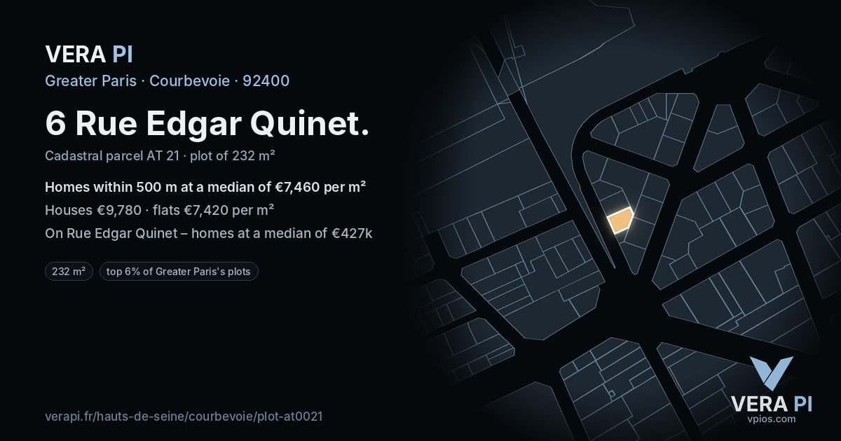 6 Rue Edgar Quinet, Courbevoie at night – the plot lit, the parcels around coloured by the prices near them