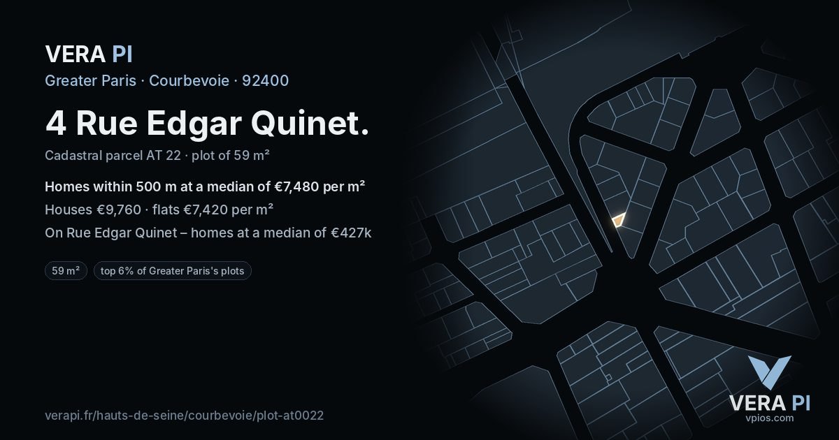 4 Rue Edgar Quinet, Courbevoie at night – the plot lit, the parcels around coloured by the prices near them