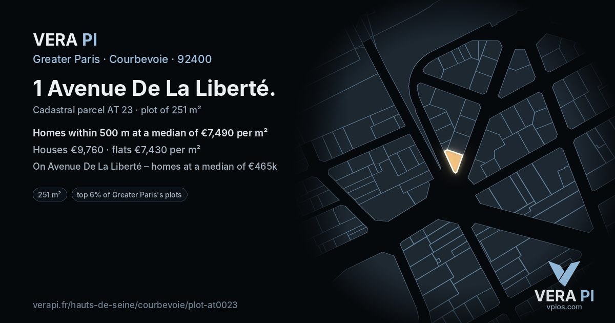 1 Avenue De La Liberté, Courbevoie at night – the plot lit, the parcels around coloured by the prices near them
