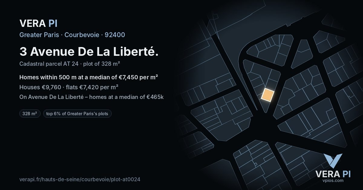 3 Avenue De La Liberté, Courbevoie at night – the plot lit, the parcels around coloured by the prices near them