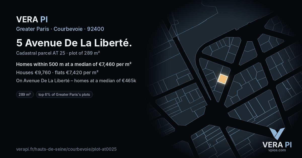 5 Avenue De La Liberté, Courbevoie at night – the plot lit, the parcels around coloured by the prices near them