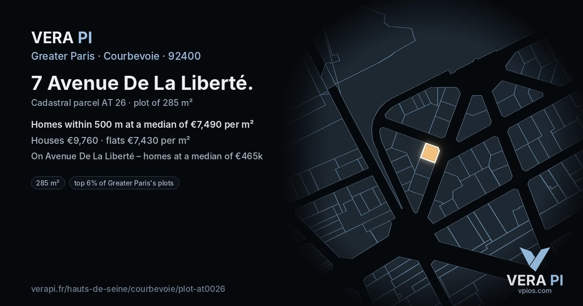 7 Avenue De La Liberté, Courbevoie at night – the plot lit, the parcels around coloured by the prices near them