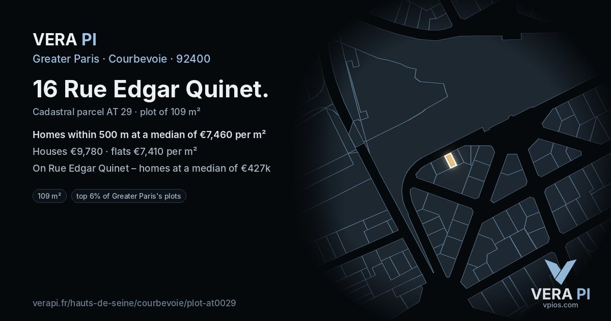 16 Rue Edgar Quinet, Courbevoie at night – the plot lit, the parcels around coloured by the prices near them