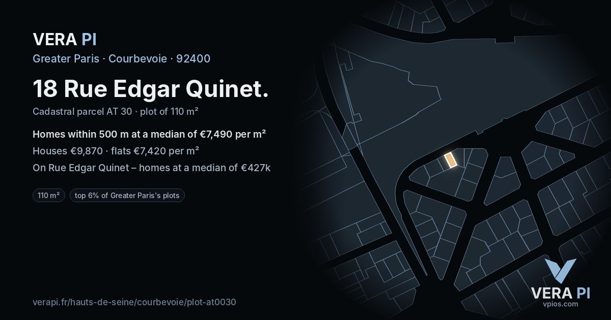 18 Rue Edgar Quinet, Courbevoie at night – the plot lit, the parcels around coloured by the prices near them
