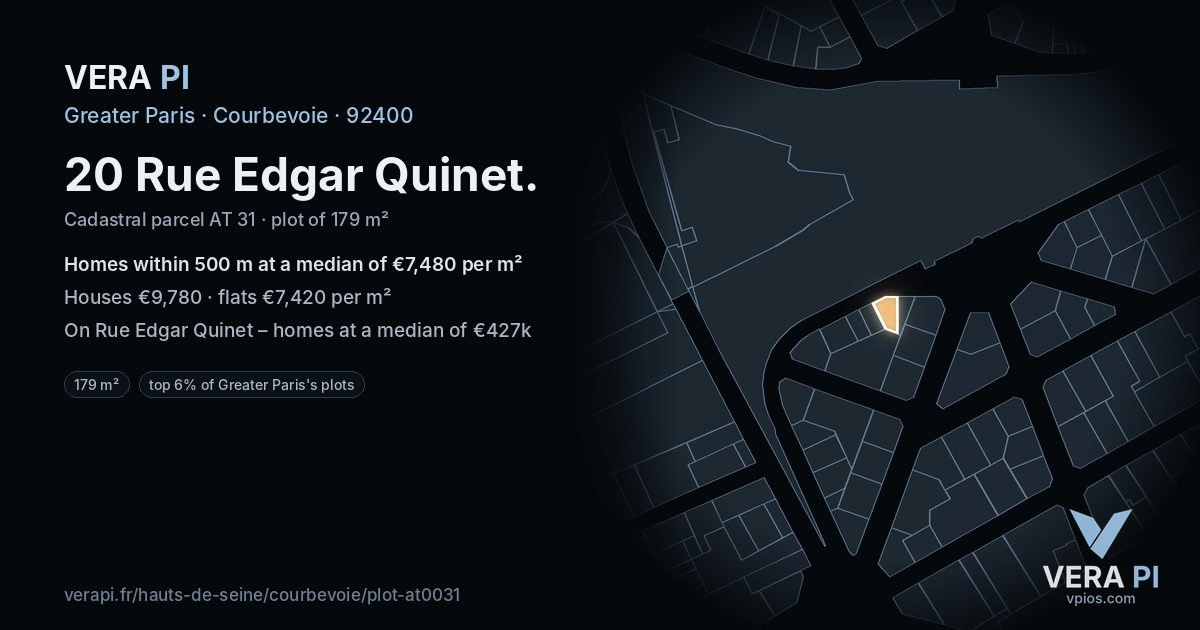 20 Rue Edgar Quinet, Courbevoie at night – the plot lit, the parcels around coloured by the prices near them