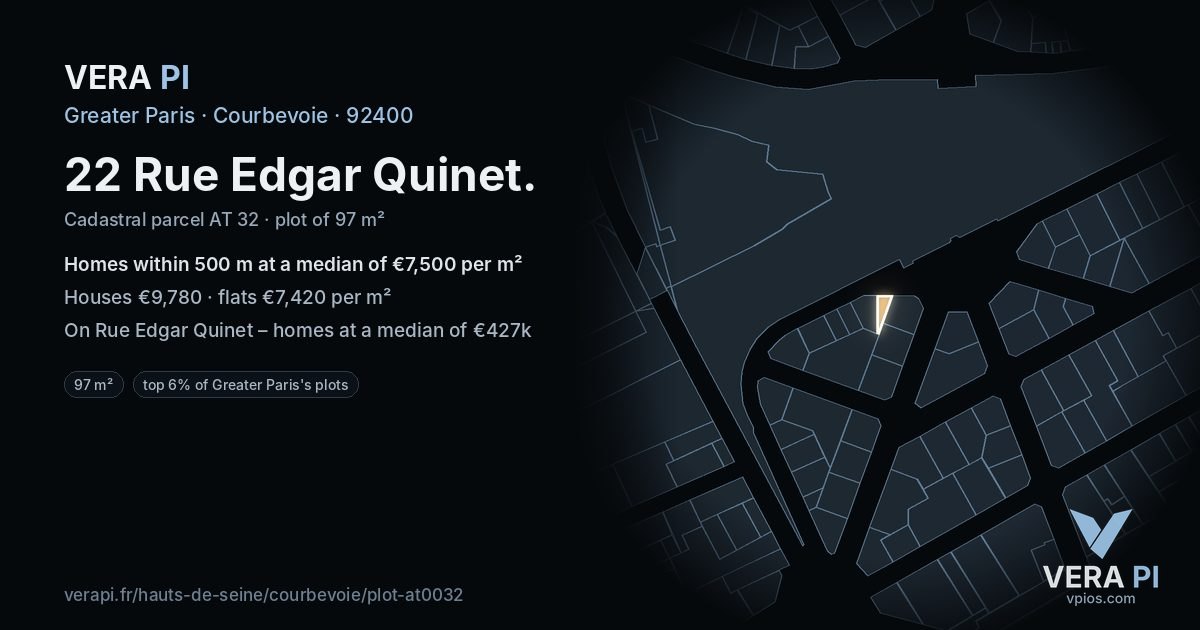 22 Rue Edgar Quinet, Courbevoie at night – the plot lit, the parcels around coloured by the prices near them